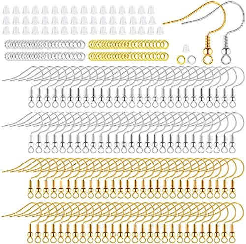 Ganci per orecchini ipoallergenici, 600 pezzi kit per la creazione di orecchini, ganci per orecchini di pesce + anelli di salto in metallo + tappi per orecchini in silicone trasparente, oro / argento