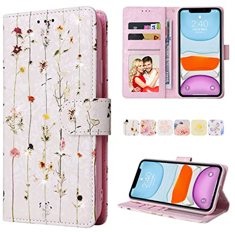 UEEBAI Wallet Case for iPhone 11 Pro Max 6.5 inch, PU Leather Phone Case Kickstand RFID Blocking Flip Case with Card Slots Wrist Strap Relief Engraved Pattern Magnetic Closure Folio Case - Vine