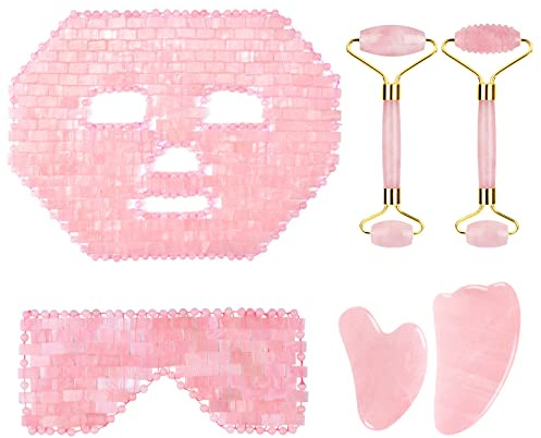 Rosenquarz Jade Augenmaske Gesichtsmassagegerät Roller Gouache Schaber Naturstein Jade Roller Guasha Board Gesichtsmaske Gesichtsmassagegerät,Das Ganze Set