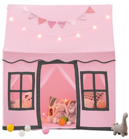 Maxmass Kids Play Tent, Large Children Playhouse with Star Lights and Non-slip Mat, Indoor & Outdoor Princess Castle Tent for Boys Girls (Pink + Black)