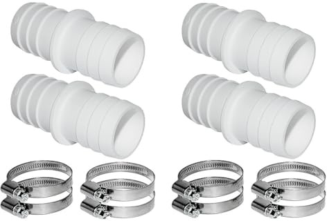 Alnicov Hose Connector Kit - 4 Connectors (32 mm to 38 mm) with 8 Universal Stainless Steel Hose Clamps - Silver Or Grey