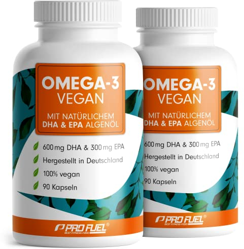 Omega-3 vegan Kapseln 180x - 2000 mg Algenöl pro Tag - hochdosiert mit 600mg DHA + 300mg EPA - hochwertige Omega-3 Algenöl Kapseln vegan - DHA:EPA Verhältnis 2:1 - laborgeprüft mit Analyse-Zertifikat