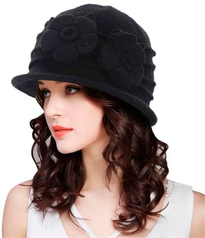 Schwarze Glockenmütze aus reiner Wolle mit Schleife - klassische 20er Jahre Fedora Mütze Beanie Mütze, Schwarz, Medium