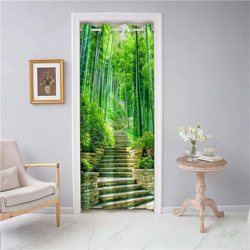 Odot Tende Oscuranti per Porta con Occhielli, Motivo Foglie di bambù Tenda Divisoria per Stanza Tende con Occhielli per Interni Tenda Porta Isolamento Termico (80x180cm,Boschi Verdi)