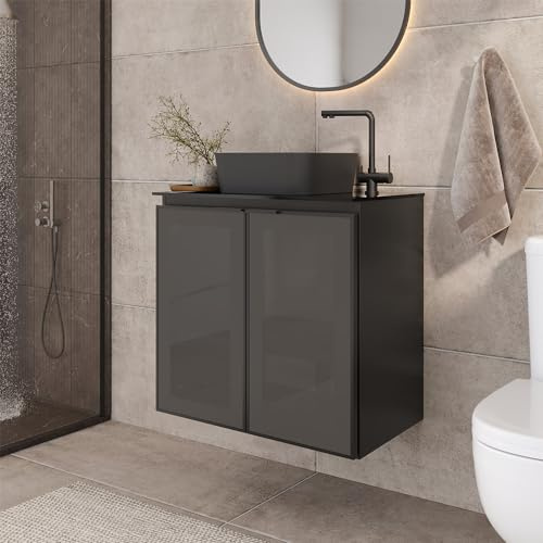 COZIMAX Umbu Combo Juego de tocador de baño de acero negro de 24 pulgadas con encimera y puerta de vidrio templado, fregadero cuadrado negro de cerámica