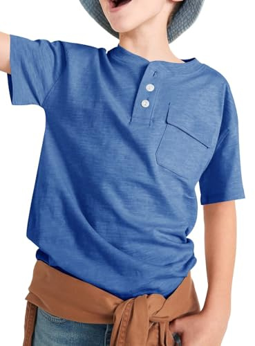 Haloumoning kortärmad t-shirt pojkar sommar Henley Tee baströjor barntoppar med ficka, blå, 6-8 År