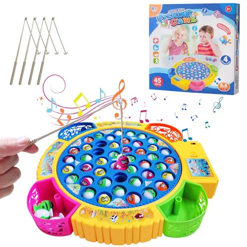 Aischens Juguete de Pesca Eléctrico, Juego Musical y Giratorio con 45 Peces y 4 Tiras de Caña, Juego de Pesca Magnético Juego de Mesa, Juegos Educativos Regalos para Niños/Niñas de 2 3 4 5 6 Años