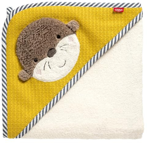 Fehn Asciugamano con cappuccio lonter – poncho da bagno in spugna con cappuccio e simpatico motivo lontra – assorbente e morbido – per neonati e bambini a partire da 0 mesi