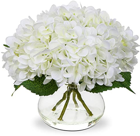 Oairse Hydrangea Artificial Flowers with Vase Silk Fake Hydrangea Flower in Glass Vase with Faux Water Real Touch White Faux Flower Arrangement for Home Bathroom Wedding Table Centerpiece Decoration