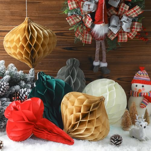 Watersay 10 Pcs Jumbo 10-14 Inch Christmas Honeycomb Paper Ornaments Hanging Xmas Honeycomb Balls Reusable Vintage Christmas Paper Lantern for Holiday Indoor Tree Party Decor(Classic Colors)