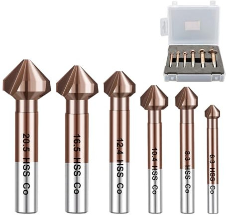 FOCSTOL Countersink Drill Bit Set - Cobalt Countersink Chamfer Deburring Tool Set with Round Shank for Stainless Steel Copper Aluminum Wood Plastic 6pcs (6.3/8.3/10.4/12.4/16.5/20.5mm)