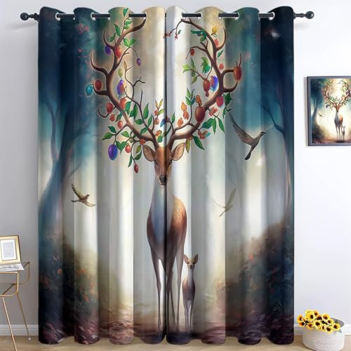 Gedruckte Blackout Vorhänge H175 x B140 cm (2er Pack) Energiesparende Vorhänge Thermo- und Schallschutzvorhänge für Schlafzimmer Fantasy-Hirsch Bedruckte Bunt Vorhang