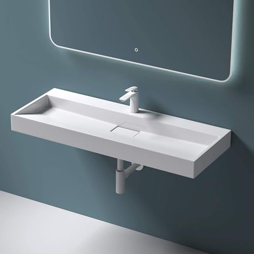Mai & Mai Waschbecken Weiß Aufsatzwaschbecken Hängewaschtisch inkl. Ablaufgarnitur Mineralguss Rechteckig Waschplatz 1-Armaturenloch Breite: 120cm