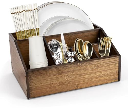 Lille Home 6-Compartment Bamboo Cutlery Caddy, Coffee Bar Accessories Organizer Countertop, Paper Plate Dispenser & Holder for Table, Kitchen Counter, Party, Condiments, Utensil