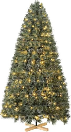 LIFERUN Künstlicher Weihnachtsbaum 210cm, Nordmanntanne Premium, Naturgetreu und Dichte Zweige, Tannenbaum mit Christbaum Holzständer, 300PCS Warmweißen Lichtern, 600 Spitzen, Einfach zu Montieren