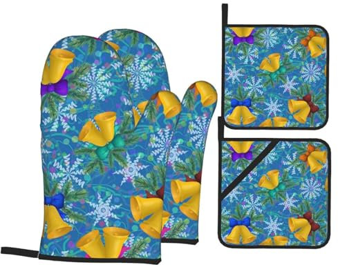 Ofenhandschuhe und Topflappen-Sets mit Weihnachtsglocke, hitzebeständig, Küchen-Backhandschuhe, rutschfeste Oberfläche zum Kochen, Backen, Grillen, Grillen