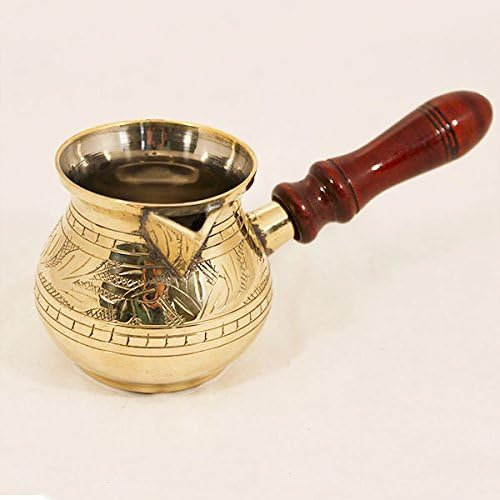 Golden Turkish Greek Arabic Coffee Pot Brass Metal Coffee Maker Cezve Ibrik Briki with Wooden Handle & Lid (Large - 17 Oz) Leaf Engraved