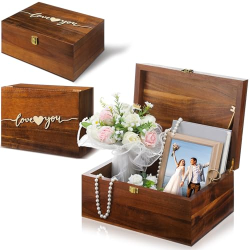 Threehoney Große hölzerne Hochzeits-Erinnerungsbox mit Deckel, Love | 30,5 x 22,9 x 14,9 cm Speicherung, Verlobungsgeschenk für Paare, Brautpartys, Foto-Schmuckhalter
