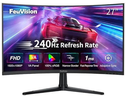 FeuVision 27 Zoll Curved Gaming Monitor 240Hz, FHD 1080p Bildschirm, 1500R | 1ms Reaktionszeit, 4000:1 Kontrast, Rahmenlos PC Bildschirm, Adaptive Sync, Blaulichtfilter, 120% sRGB, HDMI & DP Anschluss