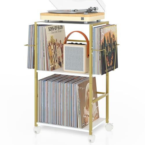 Bikoney Mueble Tocadiscos con 2 Expositores de Vinilos y Mesa Auxiliar – Soporte para Reproductor de Vinilo y Almacenamiento de hasta 150 Discos – Mueble para Sala o Dormitorio – Dorado