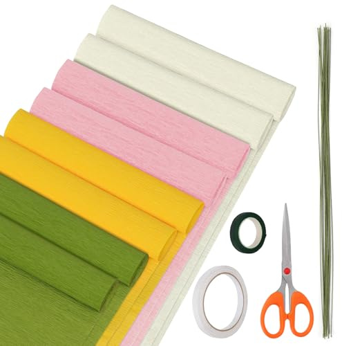 Glarks 41-teiliges Krepppapier-Set, inklusive 8 Rollen 25 cm x 2,5 m, rosa/gold/grün/weiß, breite Krepppapierbögen, 30 grüne Blumendraht, Blumenband, doppelseitiges Klebeband und Schere