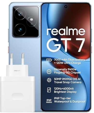 realme GT7 smartphone 12+256 GB, Processore Dimensity 9400e, Batteria titanica da 7.000 mAh, Ricarica ultra da 120 W, Display Pro-Esports da 6.000 nit, 8T LTPO, IP69, Blue