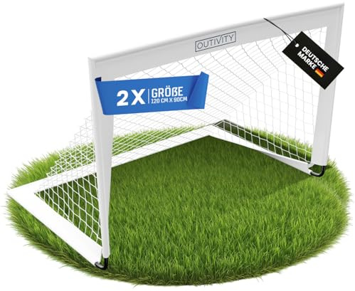Outivity® Fußballtor für Kinder 2er Set weiß, ohne Stolperfalle, je 120x90cm, inkl. 8+2 Heringen und Tragetasche, pop-up Fussballtore für Garten Kinder