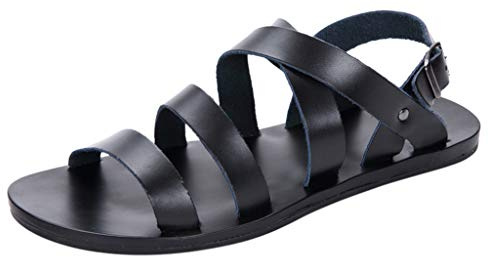 Sandalias de gladiador de cuero negro para hombre, sandalias planas romanas con múltiples tiras, sandalias planas de verano, sandalias de hebilla de moda con puntera abierta, calzado casual