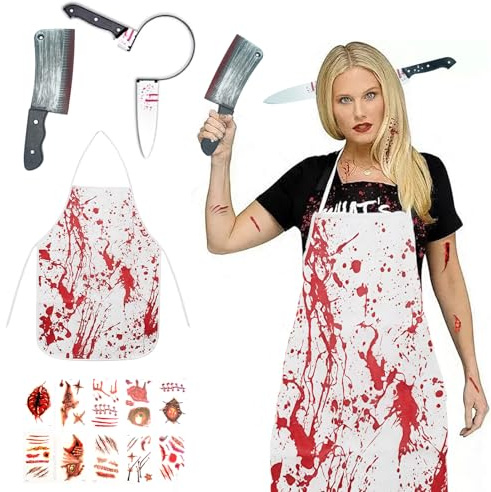 Kaizuca Disfraz de Carnicero Halloween, Traje de Terror Sangriento con Delantal y Accesorio para el Cabello, Accesorios de Miedo para Adultos