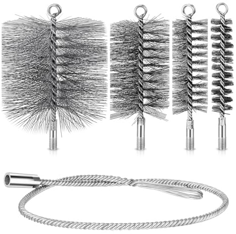 5 Stück Ofenrohrbürsten Reinigung Set, Rohrreinigungsbürste Schornsteinfeger Bürste Kaminbesen, 30mm 50mm 80mm 150mm Flexible Ofenrohrbürste mit Schubstange und 1m Biegbare Schubstange
