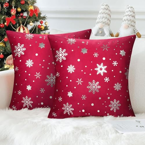 Serento Kissenbezug 50x50 Weihnachten Rot Kissenhülle Weihnachten 50x50 Christmas Decorations, Rote Kissenbezüge Schneeflocke Set von 2 für Weihnachtsdeko Home Decor