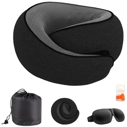 Mayeujds NASA Oreiller de Voyage en Mousse à mémoire de Forme, réglable à 360°, pour Avion/Bureau, avec Masque de Sommeil et Bouchons d'oreilles (Noir)