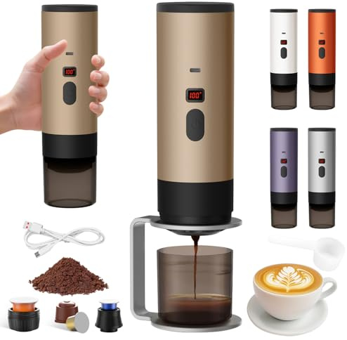 Rnoqamy Machine a Cafe Portable avec Support,2025 Nouveau Cafetière Portable 3 en 1,Affichage Intelligent Machine a Cafe,Rechargeable Cafetiere Electrique Compatible avec Cup et Café Moulu (Marron-1)