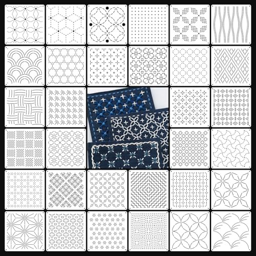 Srvauyea 32 Stück Sashiko Schablonen Set, Kunststoff Geometrischen Einfachen Stick Schablonen, Wiederverwendbare Sashiko Vorlagen, Prägeschablonen für Zeichnen, Handquilten, Nähen, Textilgestaltung