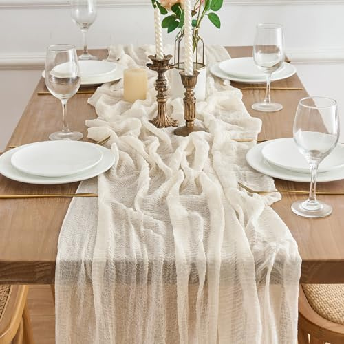 LUKDUNG Tischläufer Boho Gaze Stoff Käsetuch, Musselin Tischläufer 80 x 300 cm, Rustikaler Tischdecke für Küche Tisch Hochzeit Drinnen Party Dekoration, Beige