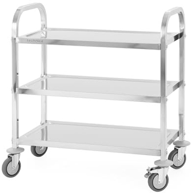 TECHNICA Servierwagen Edelstahl 3 Etagen mit Rollen & Bremse | Quadratischer Griff 750x400x835mm Rollwagen Küche Gastronomie Transportwagen leise & stabil – Küchenregal schmal mobil