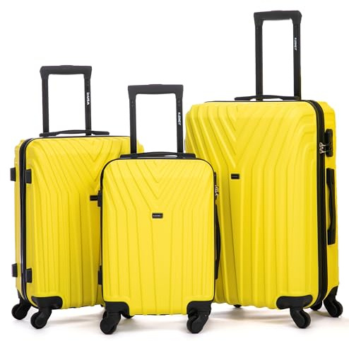 R.Leone Valigia da 1 Fino a Set 4 Trolley Rigido grande, medio, bagaglio a mano e bagaglio EasyJet 45X36X20cm 4 ruote in ABS 9002 (Giallo, Set 3 Pezzi S M L)