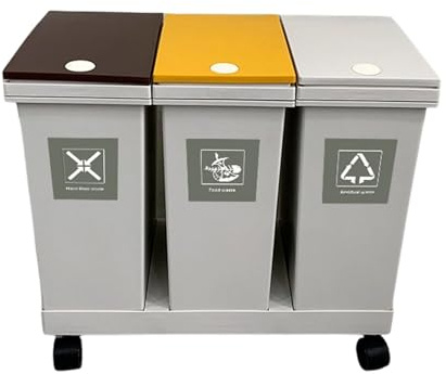 rockible Cubo de Basura para Cocina, Moderno, con Ruedas, con contenedores para residuos y Reciclaje, Ideal para Garaje, Oficina, Estudio, lavandería, 36l 3 Compartimentos
