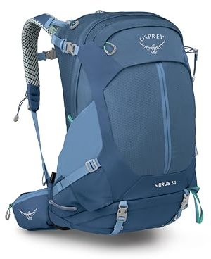 Osprey Sirrus 34L Damen Wanderrucksack Campingtasche mit wasserdichtem Regenschutz, Flaschentaschen & Ausrüstungsgurten, Sevres Blau
