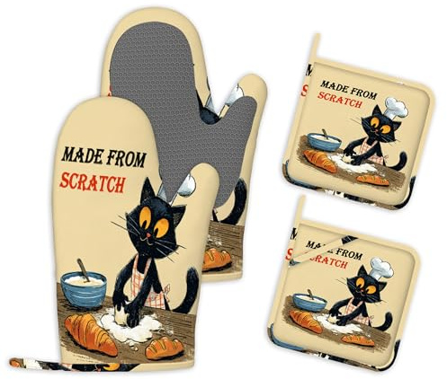 Lustige Katzen 4er-Set Ofenhandschuhe und Topflappen Silikon Küchenhandschuhe Hitzebeständig und rutschfest Ofenhandschuhe Backofen Handschuhe zum Kochen Backen und Grillen