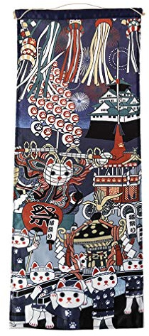 lachineuse - Grand Panneau Mural Japonais - Maneki Neko - 80 x 32cm | Décoration Japonaise à Suspendre - Tableau Japonais Traditionnel Estampe - Coloris Bleu - Idée Cadeau Japon Asie