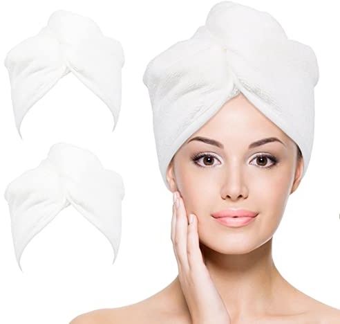 YoulerTex Mikrofaser-Handtuch für Frauen, 2 Stück, 25,4 x 66 cm, super saugfähig, schnell trocknender Haarturban zum Trocknen von lockigem, langem und dickem Haar (weiß)