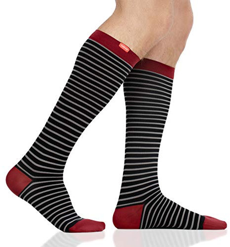 VIM & VIGR 30-40 mmHg Medical Grade Compression Socks for Women & Men (Black & Grey Little Stripe Nylon, Medium/Large Wide Calf (5))