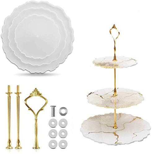 DAIRF Epoxy Resin Moulds for Stands, 3 Piece Cake Plate Cake Stand Mould Resin Round Casting Silicone Mould Fruit Tray Resin DIY Craft Silicone Mould Serving Tray