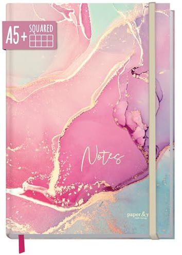 paper&you® anteckningsbok A5+ rutig med elastiskt band Silky Pink 156 sidor, 78 ark, som dagbok, journal - hållbar & klimatvänlig