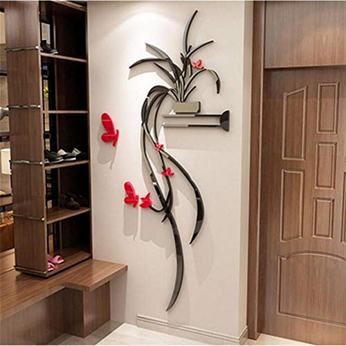 TYUTYU Stickers muraux Acrylique DIY 3D Miroir Fond d'écran Fleur Suspendu orchidée Chambre Porche Salon arrière-Plan décoration Murale (Color : D01 Red Butterfly, Size : Large)