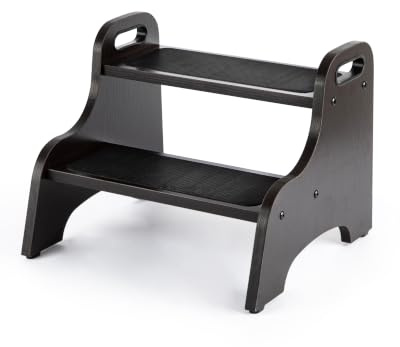 StrongTek Tritthocker 2 Stufen Kinder Holz mit Griffen Schwarzbraun