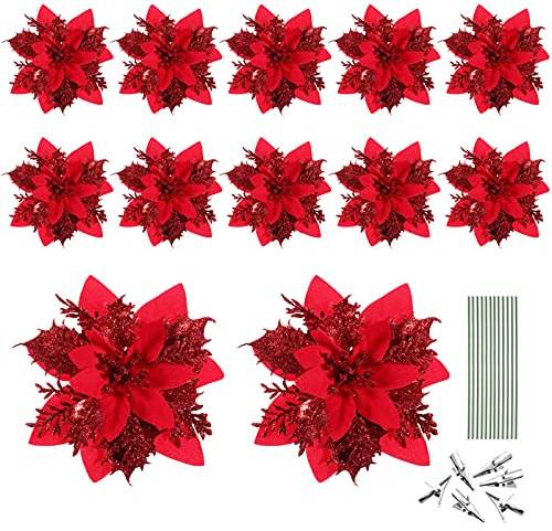 Toyvian Christmas Glitter Artificial Poinsettia Flowers, 12pcs Christmas Tree Flowers Ornaments, Xmas Party Decoration with 12pcs Stems and Clips (Red)