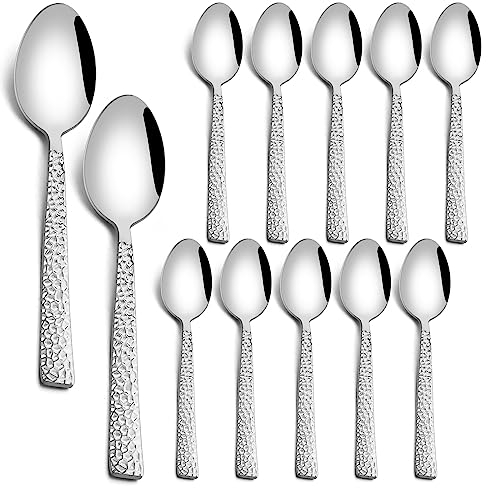HaWare,Set di 12 cucchiaini da tè in acciaio inox, con bordo quadrato martellato, piccoli cucchiai da torta in metallo per casa, argento e lucidati a specchio, lavabili in lavastoviglie (13.5 cm)