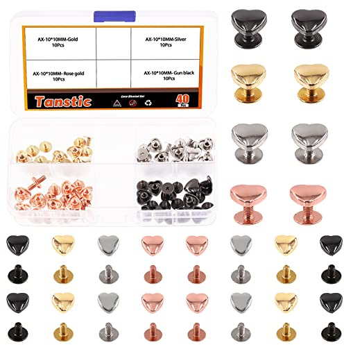Tanstic 40 set 4 colori 10x10MM metallo a forma di cuore a vite rivetti in pelle, decorazione a vite prigionieri rivetti decorativi per cuoio fai da te vestiti per borse accessori
